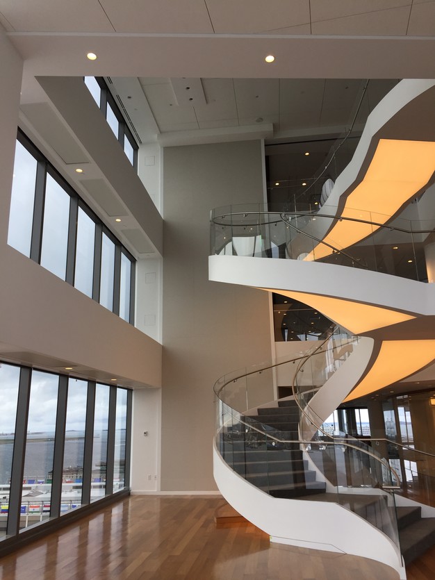 intricate curved stair inside the Goodwin space