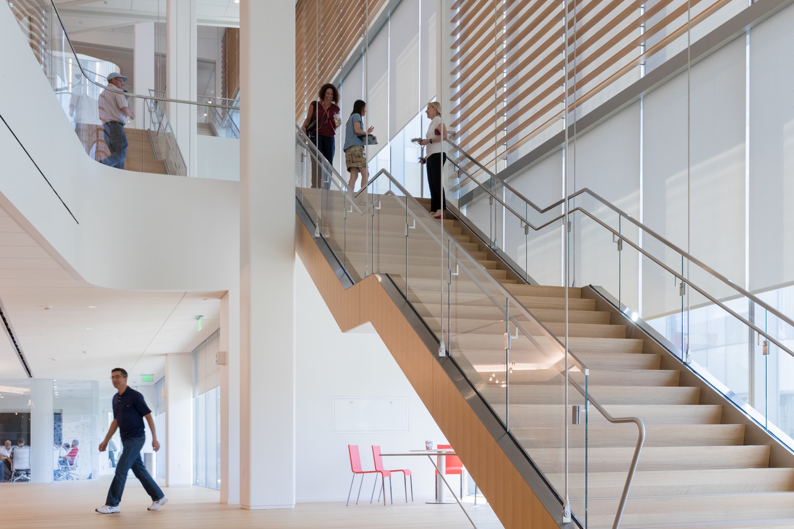 This integral stair is a key feature to foster the collaborative culture at Novartis by joining the floors together. The custom wood-slat louvers creates a natural and warm way to block light. 