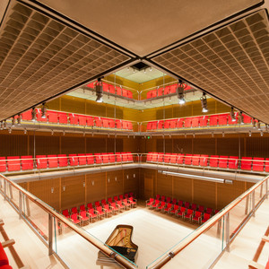 Another viewpoint of Calderwood Hall. The rift white oak acoustical panels provide sound attenuation, warmth and beauty for this unique space.