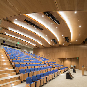 This beautiful auditorium features curved acoustic paneling of quartered Elm. The ceiling was very technical although it is made to look like light layers of clouds. Extensive modeling was essential to meet the acoustic requirement and to coordinate the complex mechanical, electrical and AV specifications