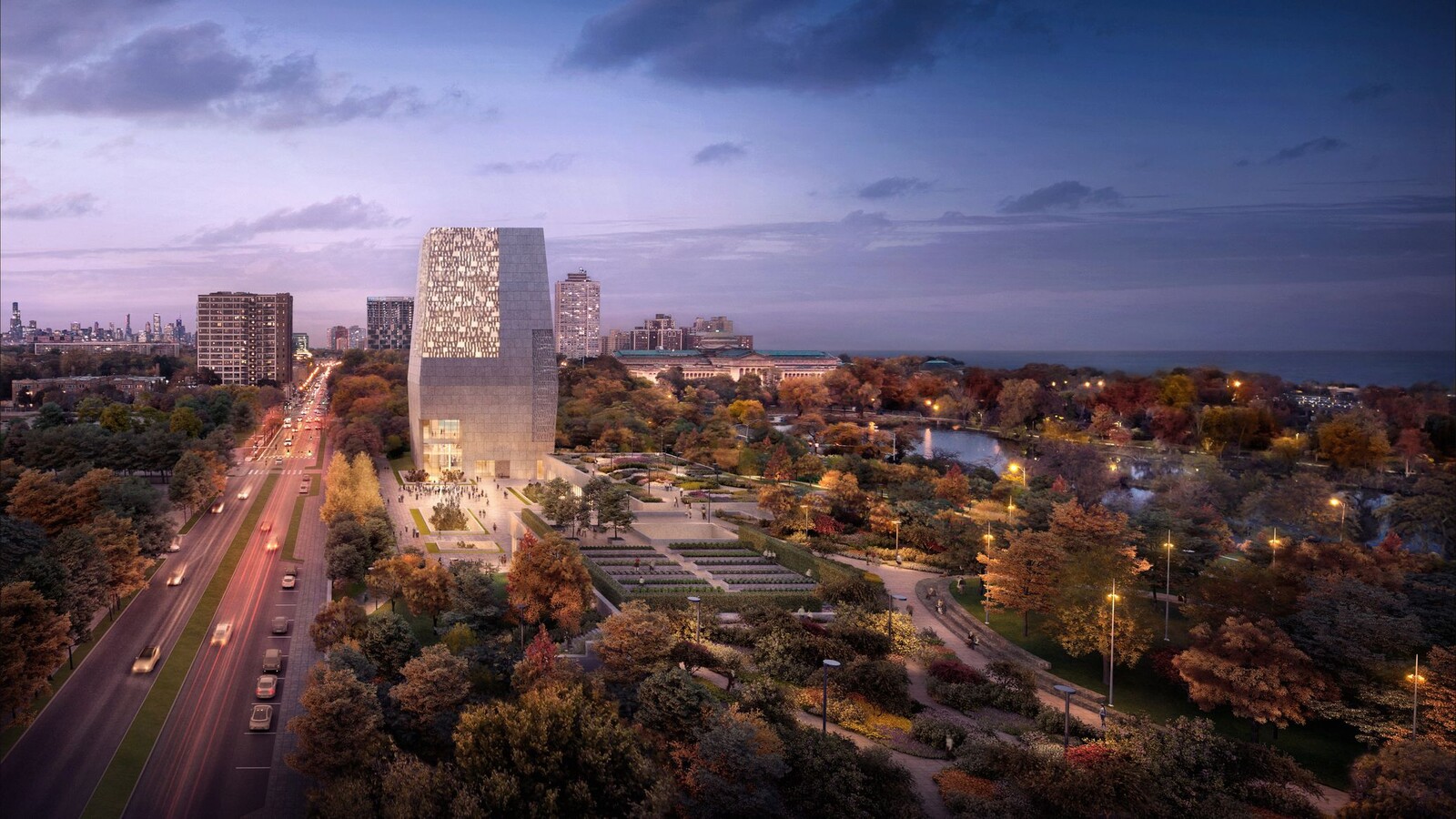 Obama Presidential Library with the library tower in view.