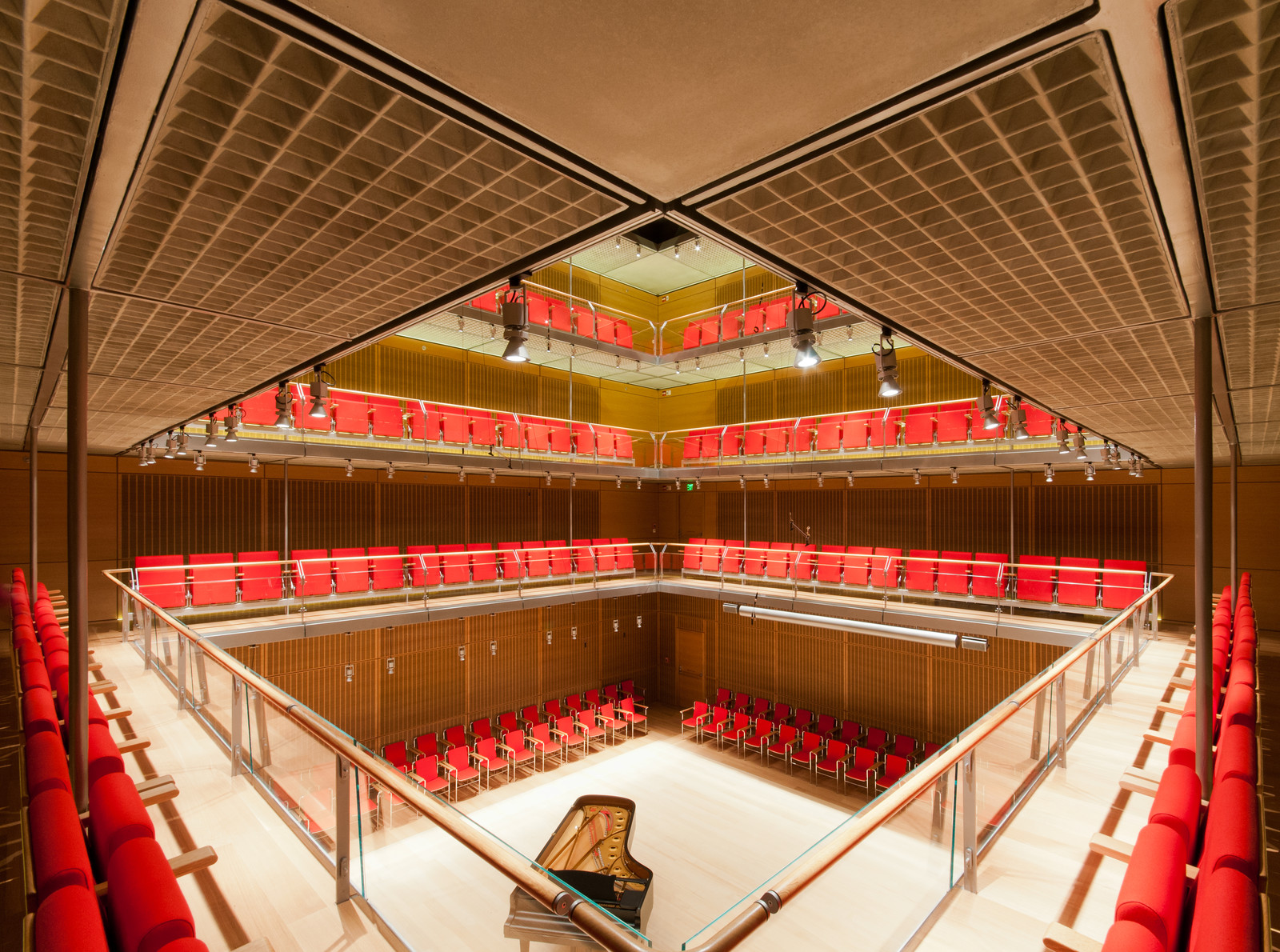 Another viewpoint of Calderwood Hall. The rift white oak acoustical panels provide sound attenuation, warmth and beauty for this unique space.