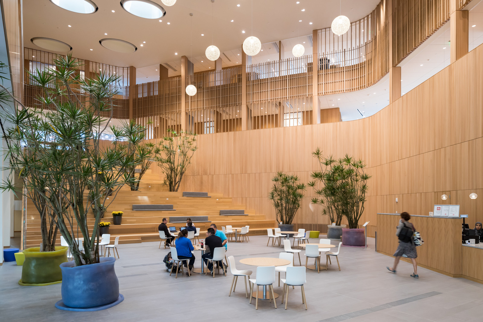 This unique three-story atrium features both curved and flat paneling of quartered Elm, integral custom bench/stair system, acoustical veneer paneling and a slat guardrail system. This is a wonderful meeting place for Novartis. 
