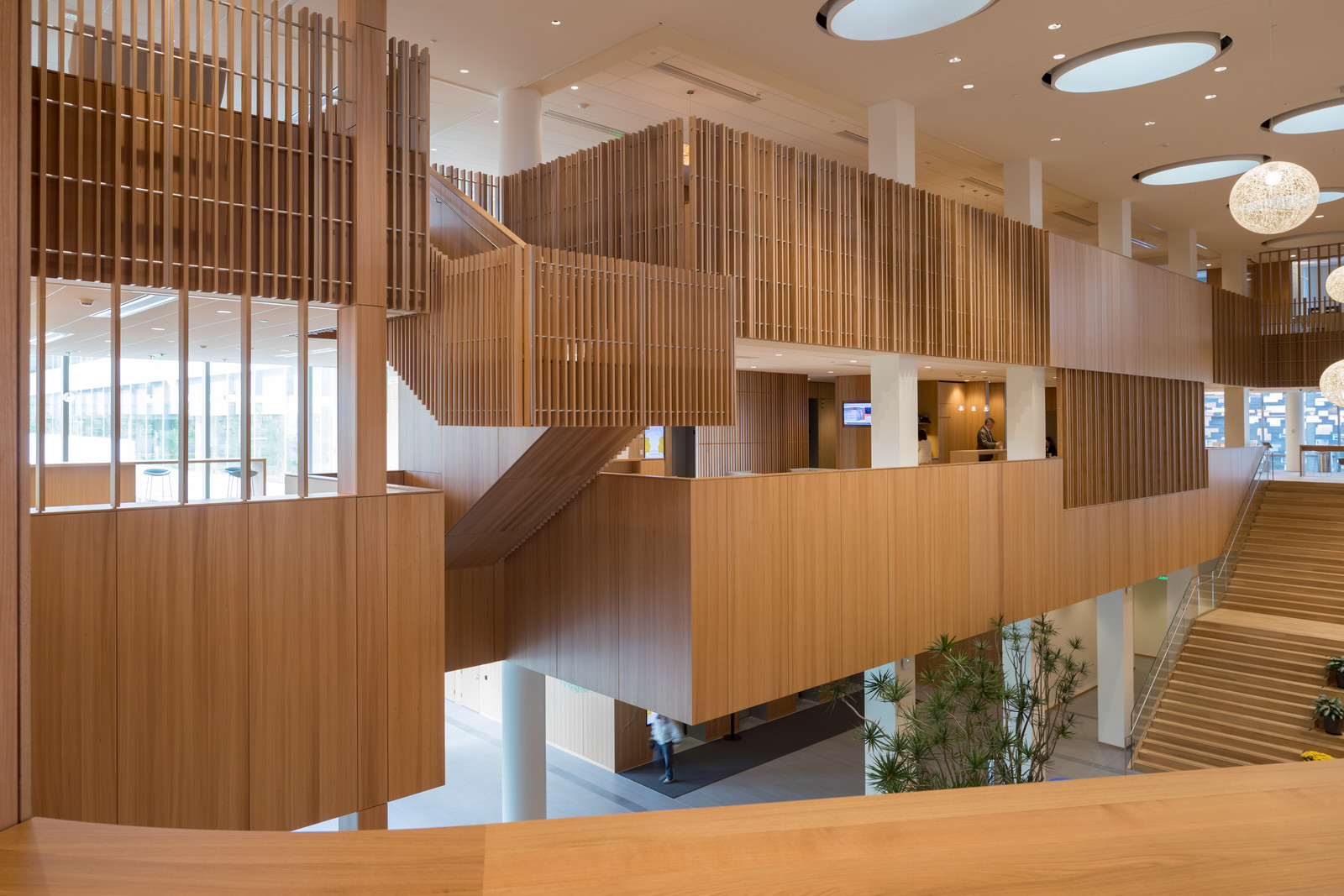 This is a unique shot of the three-story atrium slat guardrail system of made up of quartered elm. The client's use of wood wherever possible makes this award winning space one of the most beautiful corporate headquarters we have ever worked on.