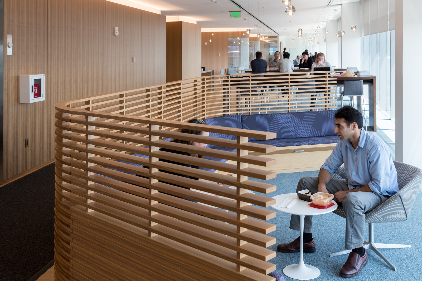 These custom built breakout spaces are an part of the Novartis campus. These spaces were created to be warm and inviting collaborative spaces. 