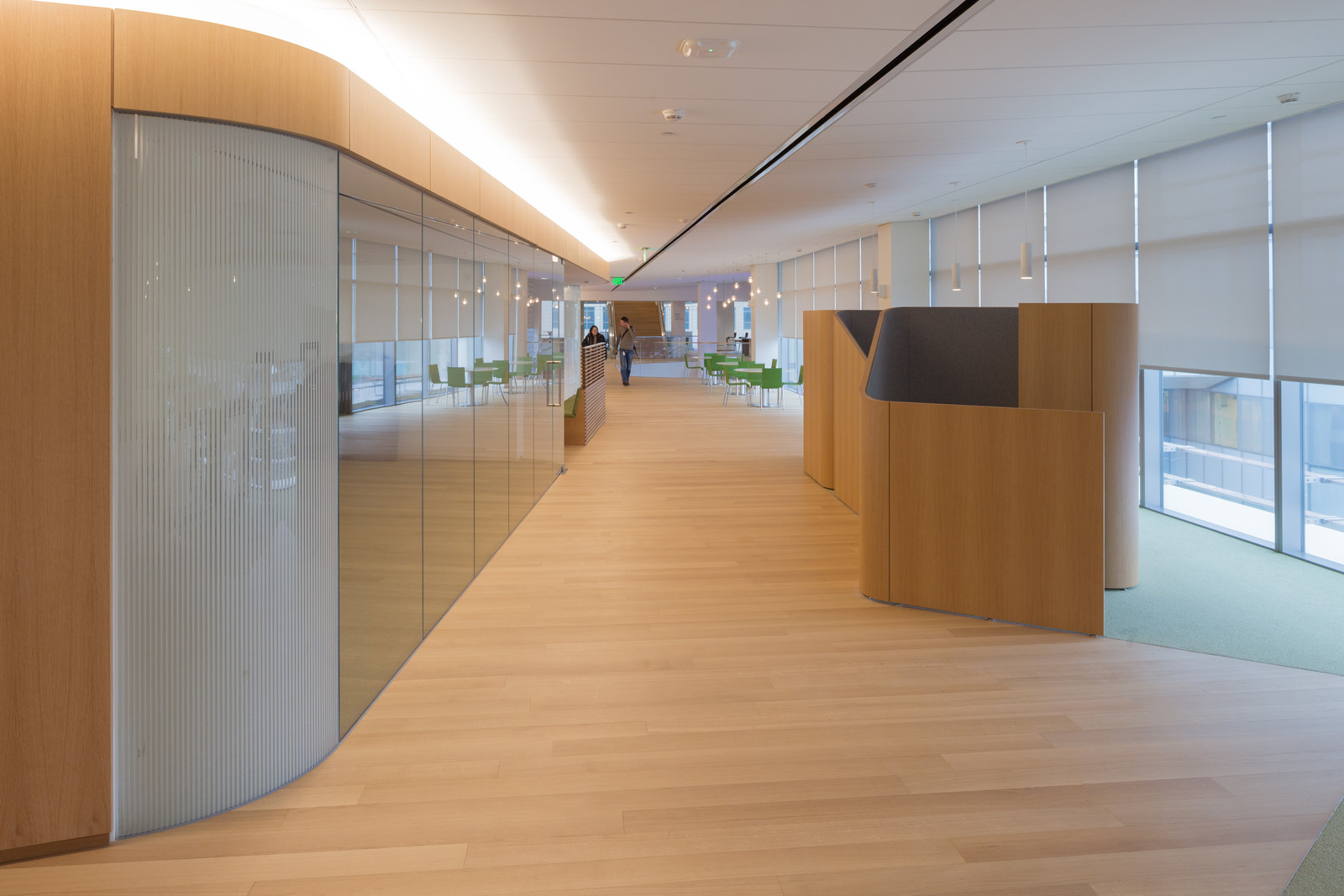 Another view of these one of a kind, custom built cubicles made out of white oak. The two buildings we worked on for the Novartis HQ were both very different but as a campus they work very well together.