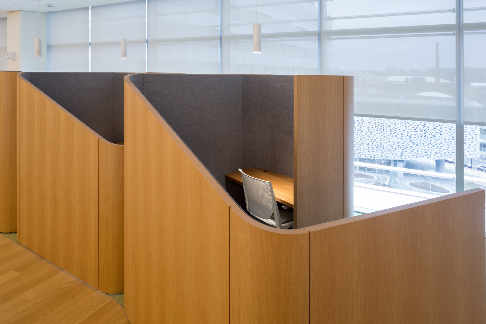 A close-up of our custom white oak cubicles at the Novartis Headquarters in Cambridge, MA