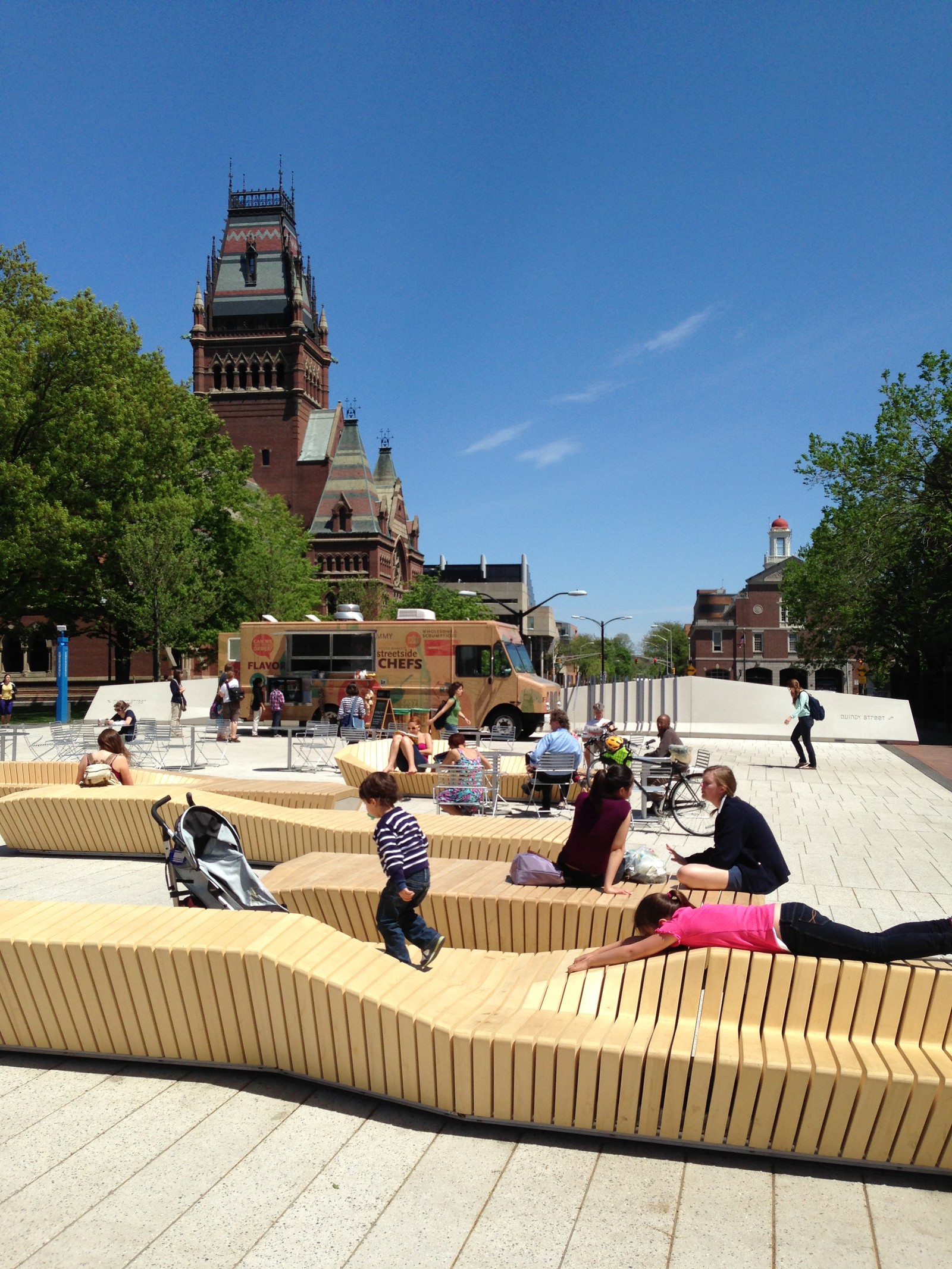 Harvard University, students, children, food trucks and our wood benches.