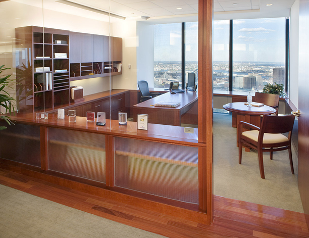 Custom furniture and built-in shelving, adorn the offices at TA