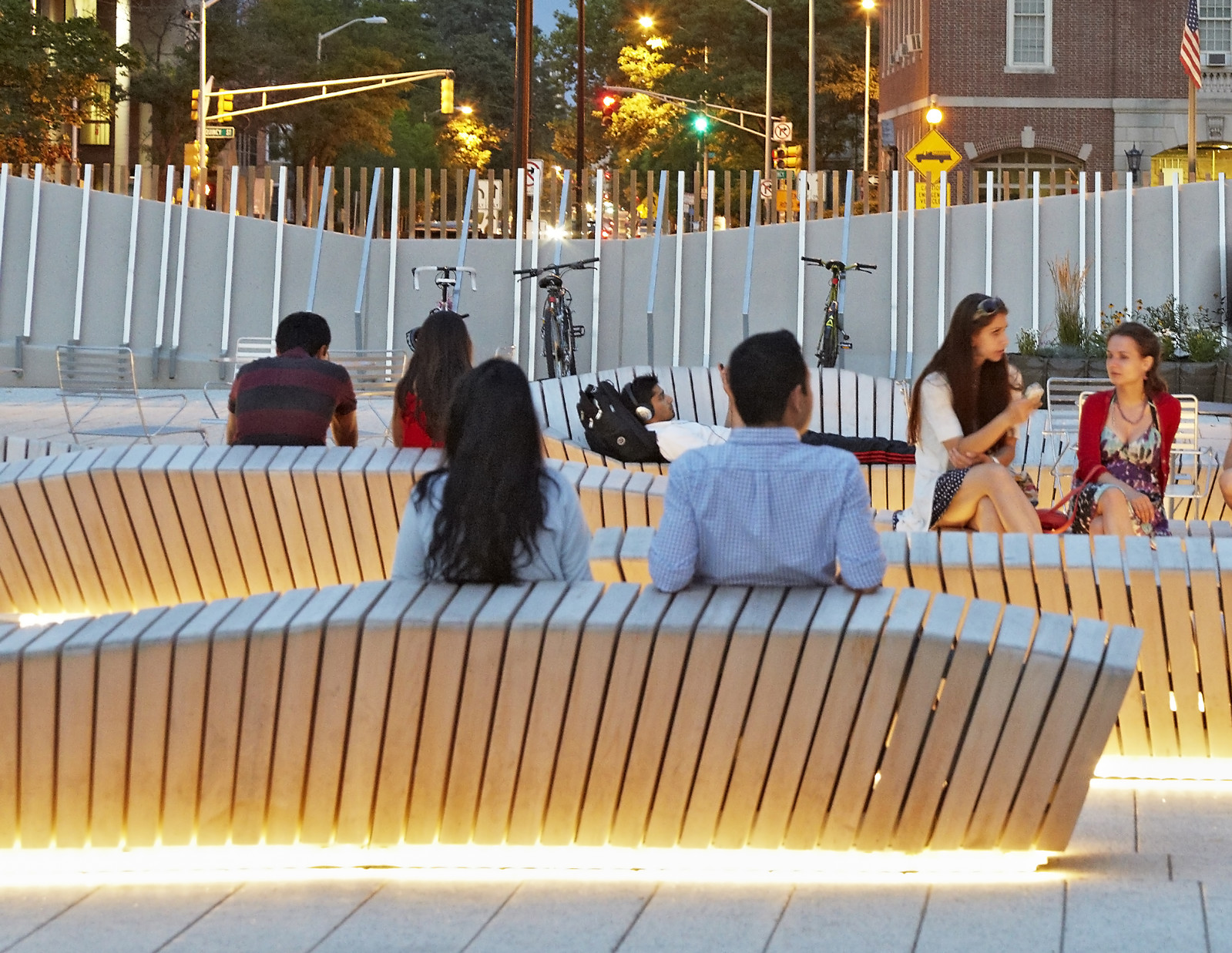 The Harvard University benches at night